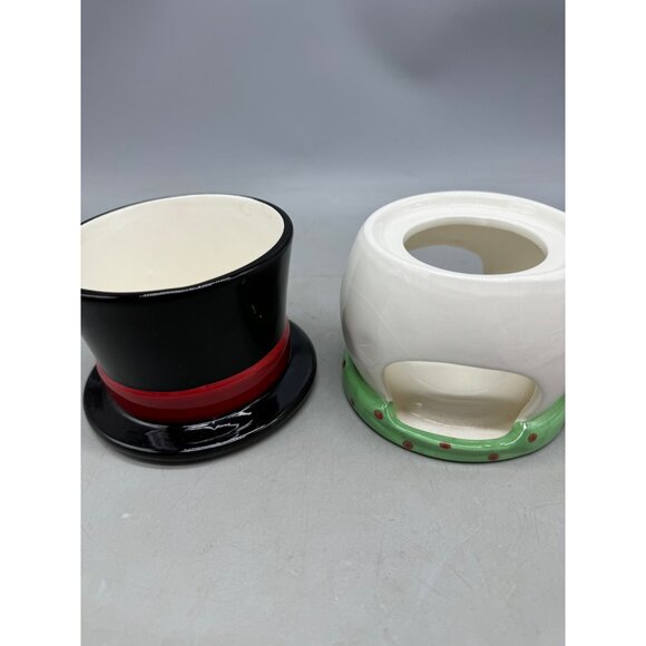 CIB snow much fun Christmas snowman fondue set 2 pc ceramic top hat scarf READ - Picture 13 of 13
